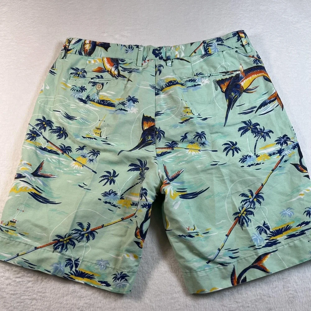 Polo Ralph Lauren‎ Shorts Mens 34 Green Linen Cotton Marlin Print 6 In Inseam